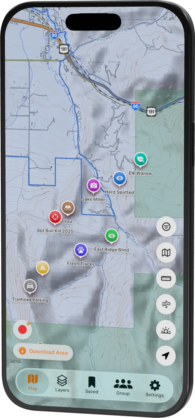 WikiHunt map with waypoints, parcel boundaries, and topographic terrain