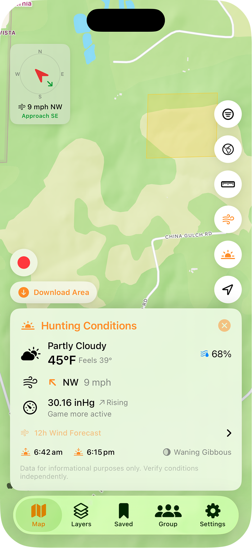 WikiHunt hunting conditions card with wind compass, pressure trend, sunrise, sunset, and moon phase