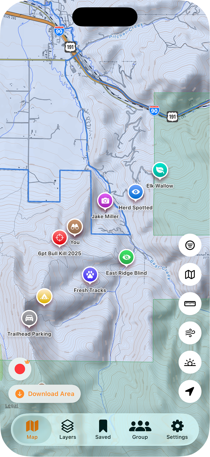 WikiHunt map with waypoints, parcel boundaries, and topographic terrain