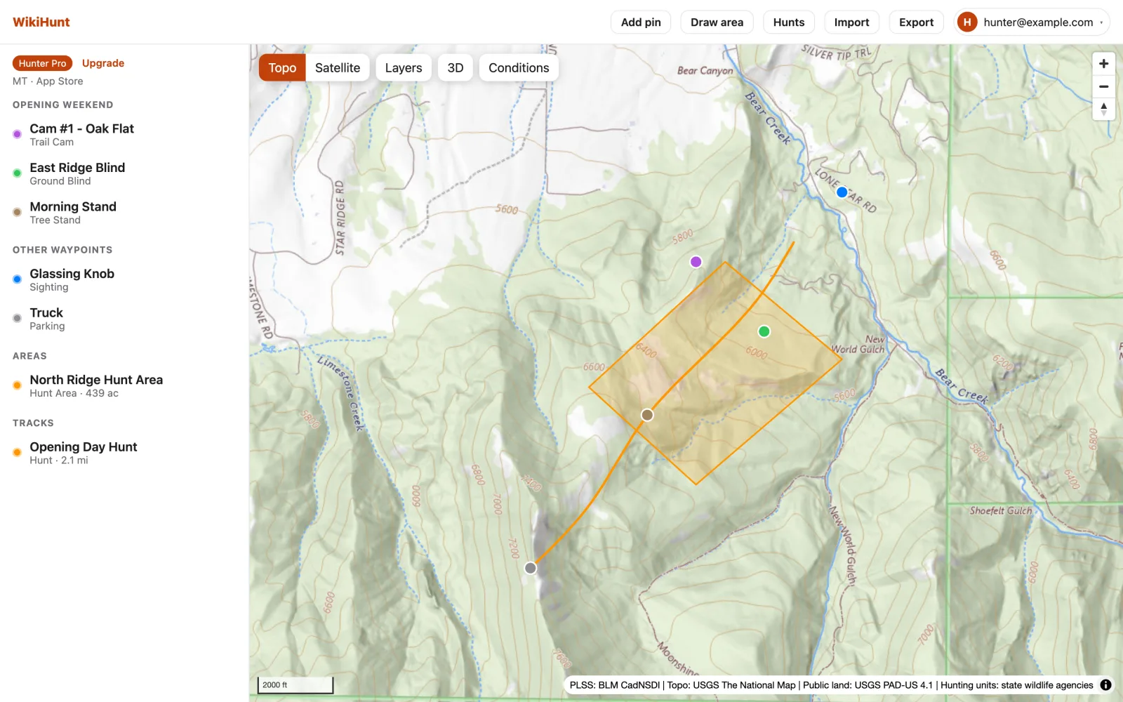 WikiHunt web map in a browser: a hunt's pins in the sidebar, a drawn hunt area and a recorded track on the topo map, with Add pin, Draw area, Hunts, Import and Export buttons